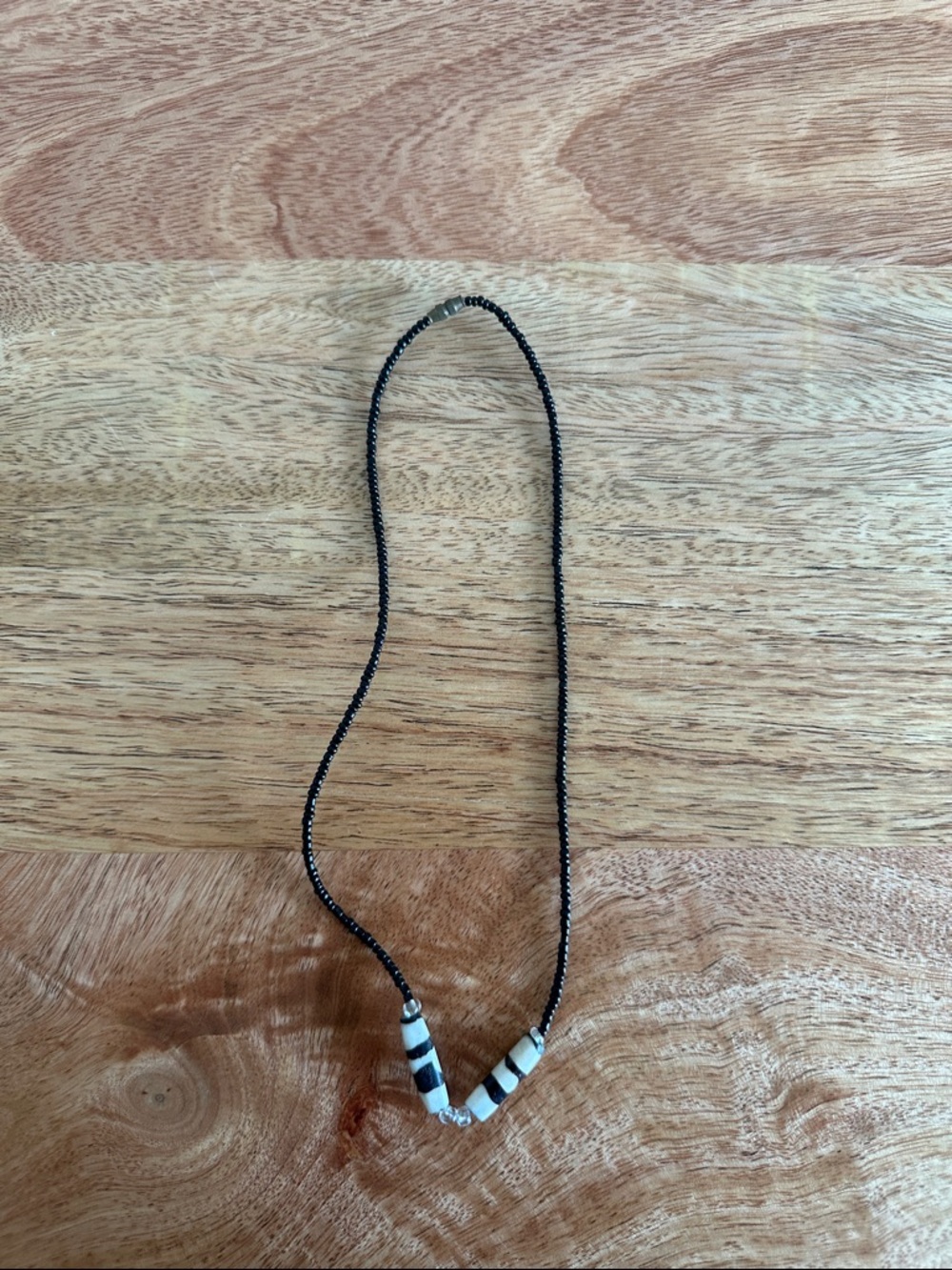 Beaded Black Necklace with Striped Accent Beads